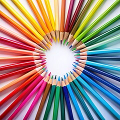Vibrant Colored Pencils Arranged in a Circle: Creative, Joyful, Back to School Stock Photo