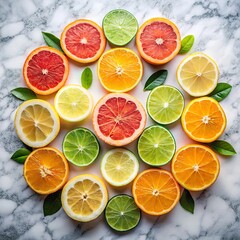 Obraz premium Assorted citrus fruits on marble background
