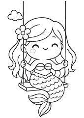 Coloring book mermaid swinging gently on a swing above the sea.
