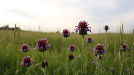 Fototapeta premium Bright Purple Spotted Knapweed Blossoms Against Soft Grey Cloudy Summer Sky