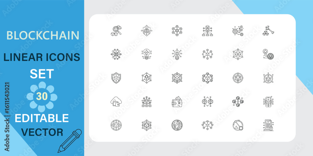 Poster blockchain technology linear icons set for digital applications