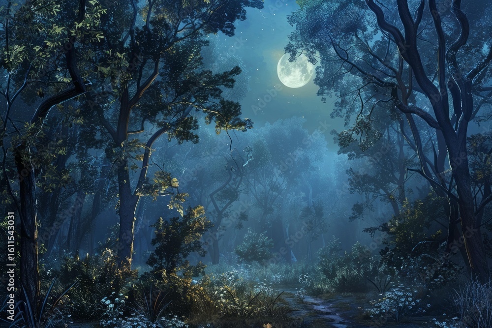 Poster magical moonlight illuminates a path through a misty forest at night, creating a serene and enchanti