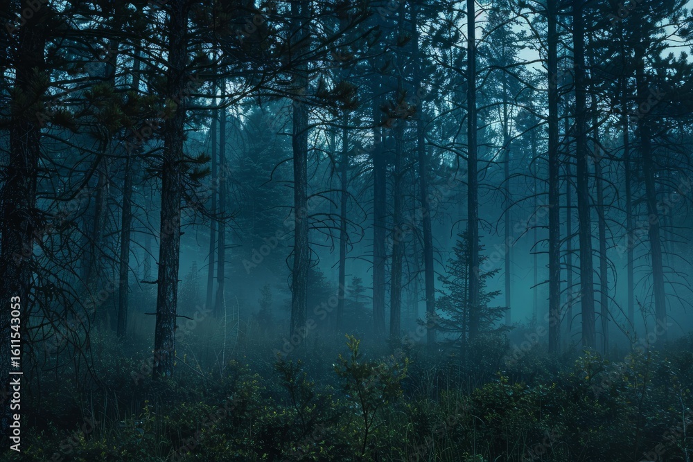 Poster mysterious fog rolling through a dark forest at night, creating a spooky atmosphere