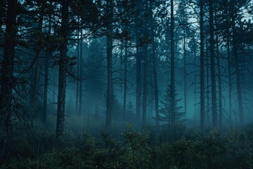 Obraz premium Mysterious fog rolling through a dark forest at night, creating a spooky atmosphere