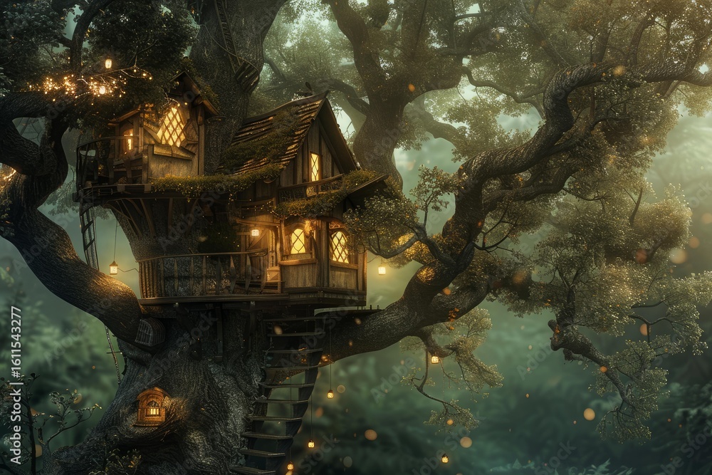 Poster magical tree house with glowing lights nestled in branches of ancient oak tree in enchanting foggy f