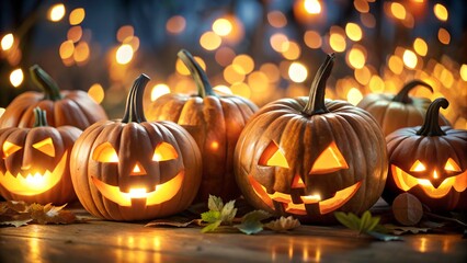 Photo of a closeup view of several carved pumpkins with glowing faces, illuminated by candlelight on a wooden surface