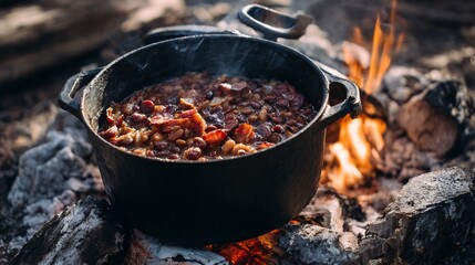 Cowboy style baked beans bacon brown sugar glaze and cast iron pot over a campfire
