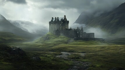 Misty mountain valley with ancient stone castle ruins.