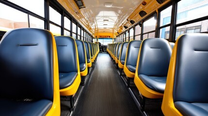 Empty school bus interior with blue and yellow seats and large windows for natural light