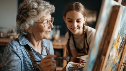 Woman Artist engaging in painting session with child. Vibrant colors on canvas, creative art imagination. Grandma guides girl kid, learning. artistic expression. Paint supplies, draw education.