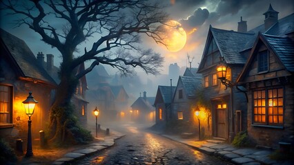 Photo of a cobblestone street in a spooky village glows with lanterns under a full moon on a misty night