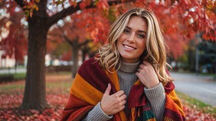 Beautiful Woman in Autumnal Setting Wearing a Warm Plaid Wrap