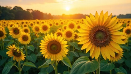 Obraz premium Golden hour sunlight bathes a vast field of sunflowers, creating a breathtaking scene of vibrant yellow and green Perfect for nature, summer, and agriculture themes , color, hot, energy
