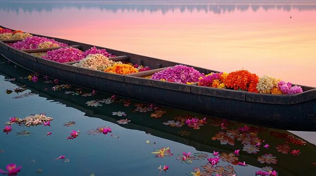 A traditional wooden boat filled with vibrant flowers floats on calm waters during the Onam festival in Kerala. The sky reflects soft pastel colors at dawn.