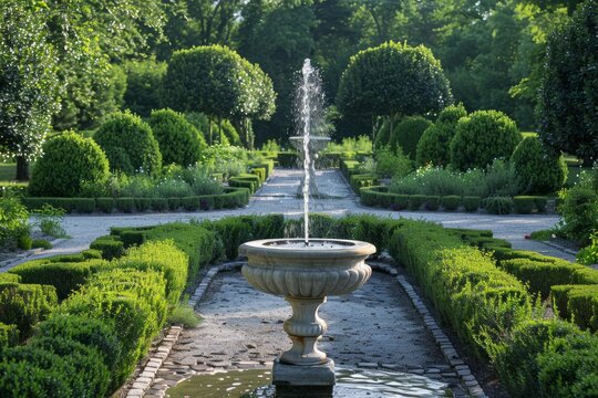 Stone fountain splashing water in a well maintained formal garden surrounded by manicured hedges and trees - Powered by Adobe
