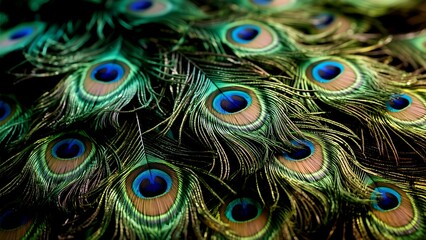 Fototapeta premium Peacock Feather Eyespots Close-Up Iridescent Green-Blue Plumage Texture Photo