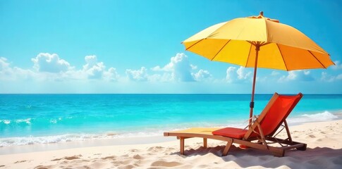 Relaxing beach scene featuring a vibrant umbrella providing shade over a comfortable beach chair, perfect for a sunny day's rest Enjoy the tranquility and seaside breeze , day, sun, beach