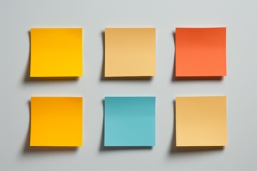Six colorful sticky notes arranged on a gray wall, ready for brainstorming and reminders
