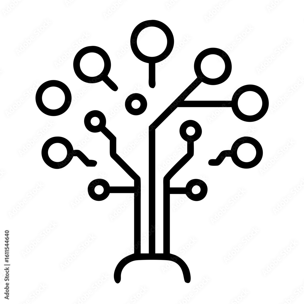 Poster a stylized tree of interconnected technology icons , illustration of a circuit board tree with circu