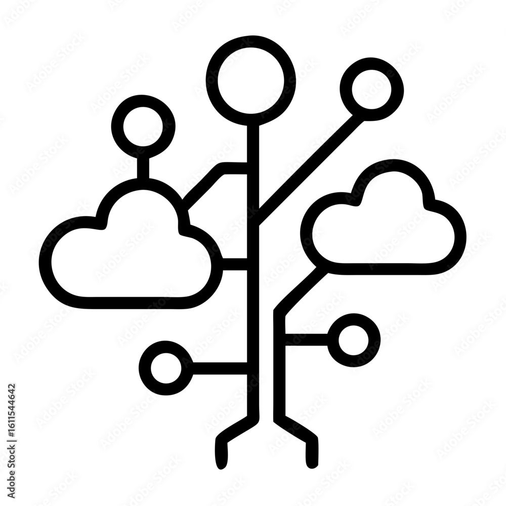 Poster a stylized tree of interconnected technology icons , illustration of a cloud computing network with 