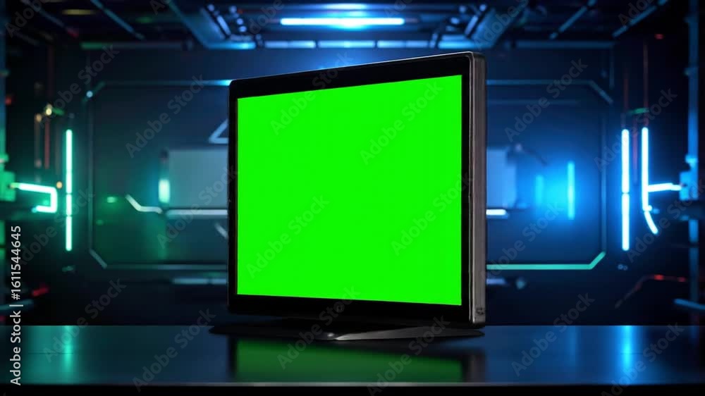 Poster futuristic green screen monitor in tech setting
