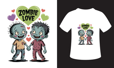 Cute cartoon zombies in love holding hands with zombie love heart