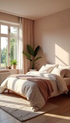Serene bedroom designed for ultimate relaxation and wellbeing, featuring calming colors, soft textures, and natural light  Perfect for promoting sleep, mindfulness, and self-care ,  retreat,  sheets
