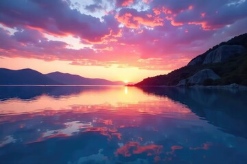 Naklejka premium Serene Europa Lagoon at sunset, reflecting the vibrant colors of the sky Tranquil waters, calm surface, idyllic landscape Perfect for travel, nature, and serenity themes , scenic, ripple, solitude