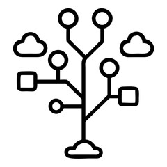 A stylized tree of interconnected technology icons , Illustration of a network tree with cloud and square connections