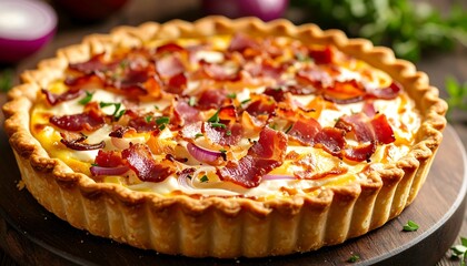 Baked savory tart with bacon and cheese