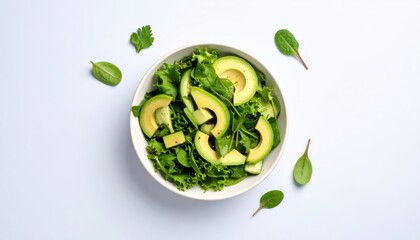 Fresh avocado salad with mixed greens in a white bowl on a white background