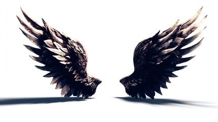 Obraz premium Pair of dark, detailed wings against a white background.