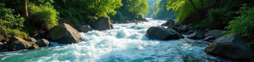 A fast-flowing river rushes through a vibrant green forest, sunlight dappling the water's surface The scene evokes a sense of untamed natural energy and powerful movement , sunlight, water, day