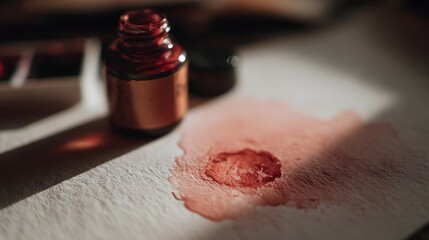 A reddish-pink watercolor stain on textured paper.