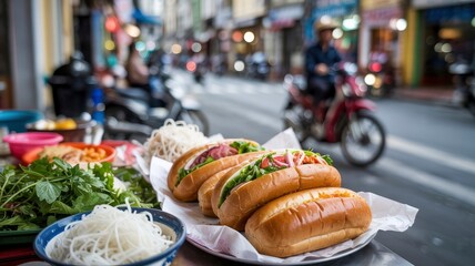 Delicious Vietnamese Banh Mi Sandwiches on a Street Food Stall