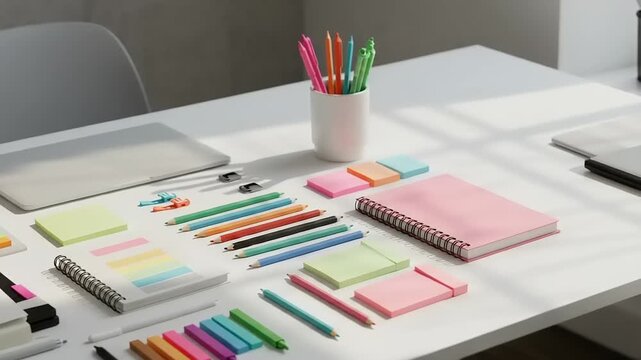 Workspace with laptop, notebook, colorful stationery and supplies for office or school