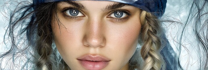 Close up portrait of a young woman with glittering makeup and blue bandana with light blue background