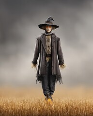 A solitary scarecrow stands guard over a golden wheat field under a moody overcast sky emitting a sense of eerie solitude