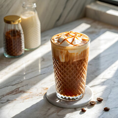Salted caramel coffee in a textured glass with cream swirls and caramel drizzle.