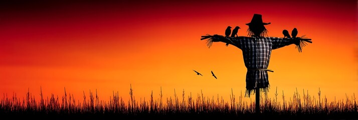 A solitary scarecrow silhouetted against a vibrant sunset sky over a wheat field with birds perched on its arms