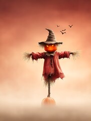 A Spooky Scarecrow with a Pumpkin Head Stands Guard in a Misty Field under a Fiery Orange Sky on Halloween Night
