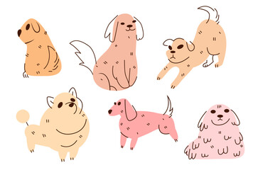 Cute dogs  vector set. Cartoon dog funny doodle characters design collection with flat color in different poses. Isolated on white background. Vector eps