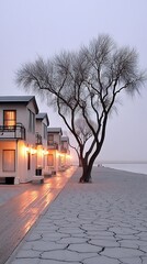 Winter morning scene with bare trees lining a coastal path leading to illuminated houses reflecting in the wet ground