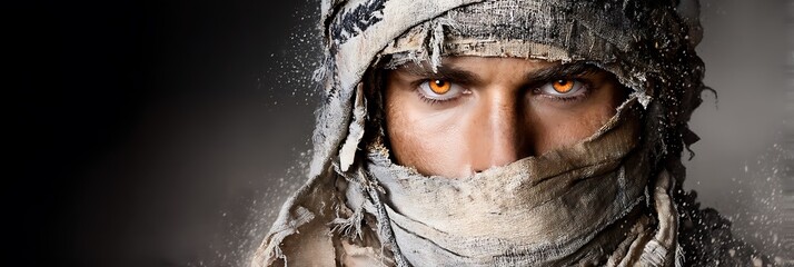 Intense Gaze of a Desert Warrior in Dust and Sand