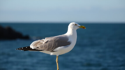 Fototapeta premium One gull viewed from the side with marine backdrop and guiding light