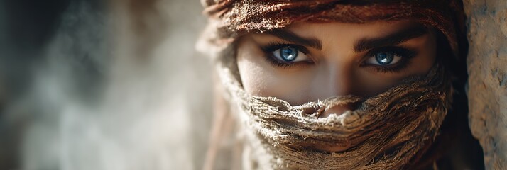 Close up of a desert dweller's striking blue eyes peering from behind a sand-covered cloth
