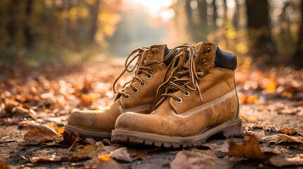 Pair of worn leather boots on autumn leaves.