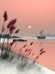 Tranquil Winter Sunrise Over Calm Waters with a Distant Sailing Vessel and Delicate Reeds