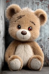 A Sad Lonely Teddy Bear Sitting in the Corner with Scars and a Red Eye
