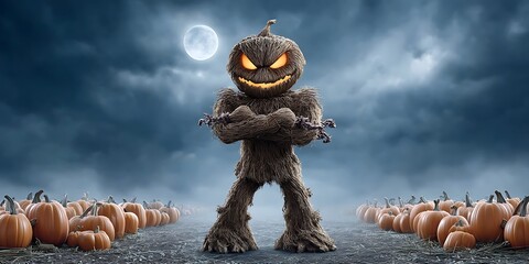 Terrifying Jack O Lantern Monster Standing Proudly In A Pumpkin Patch On A Spooky Halloween Night With A Full Moon Shining Brightly Above